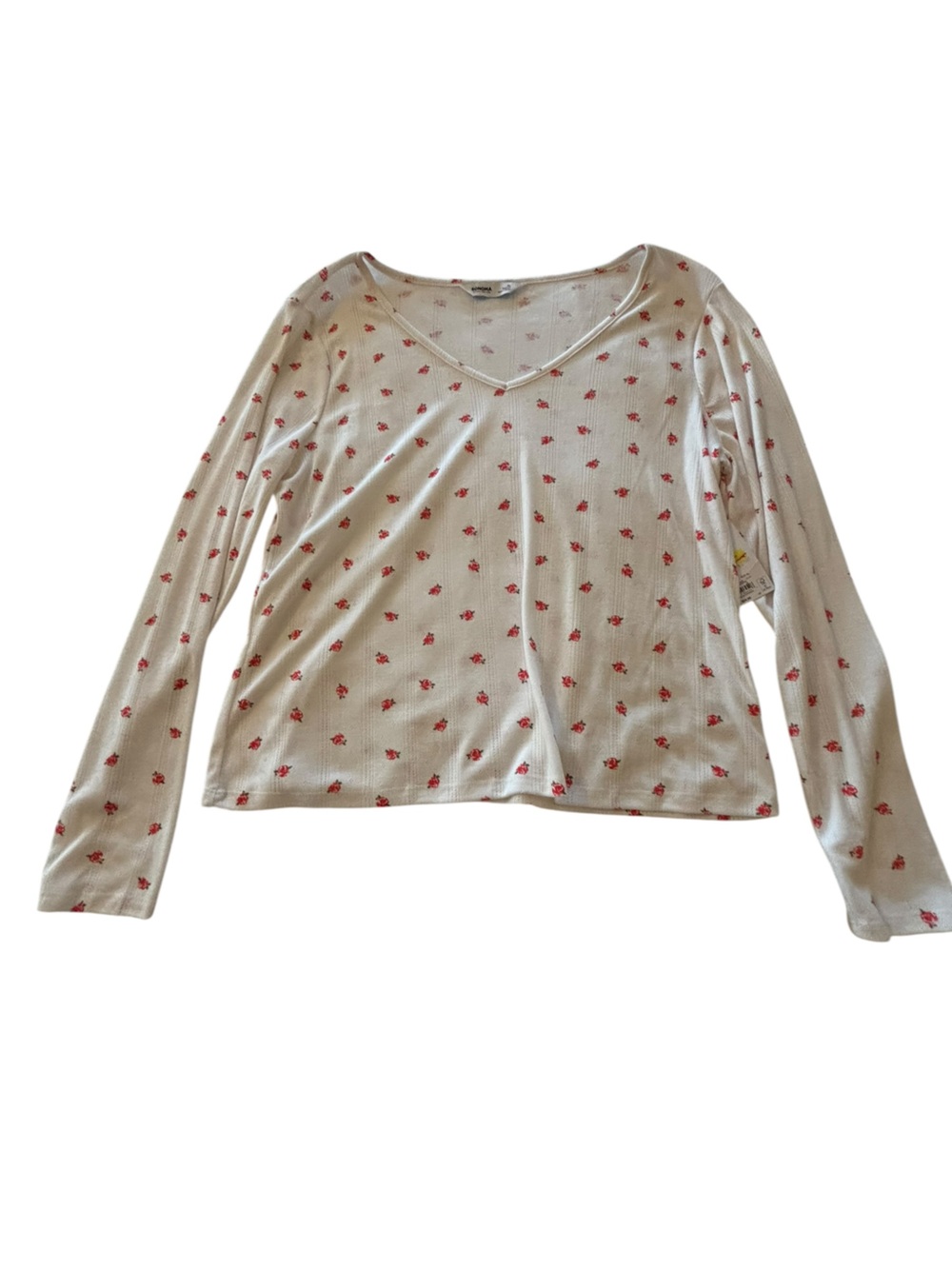 Sonoma Cream Long Sleeve V-Neck Top with Red Floral Dots